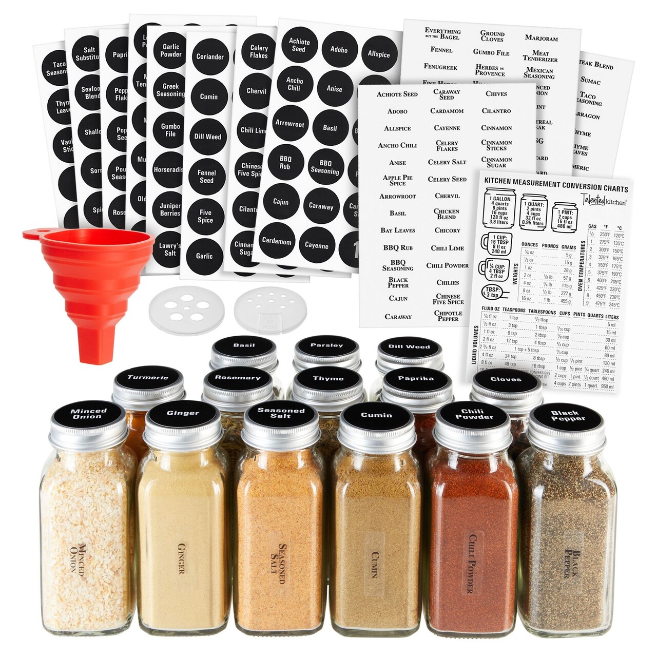 Talented Kitchen 14 Pcs Large 6 oz Glass Spice Jars with Labels and Shakers Lids, Empty Seasoning Containers with Funnel, Magnetic Conversion Chart, 269 Preprinted Stickers in 2 Styles